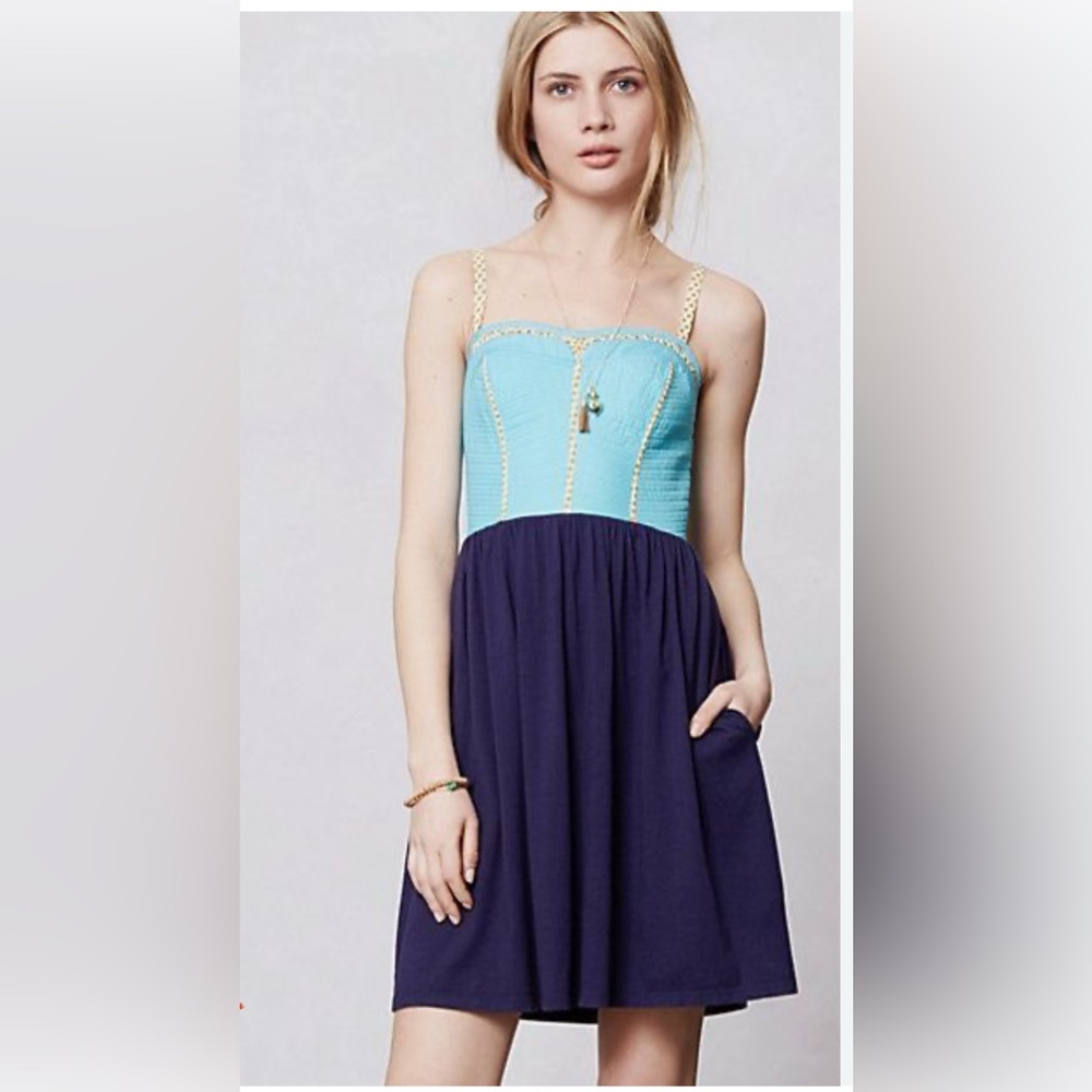 Anthropologie Aqua and Navy Spaghetti-Strap Mini Dress - Size Small